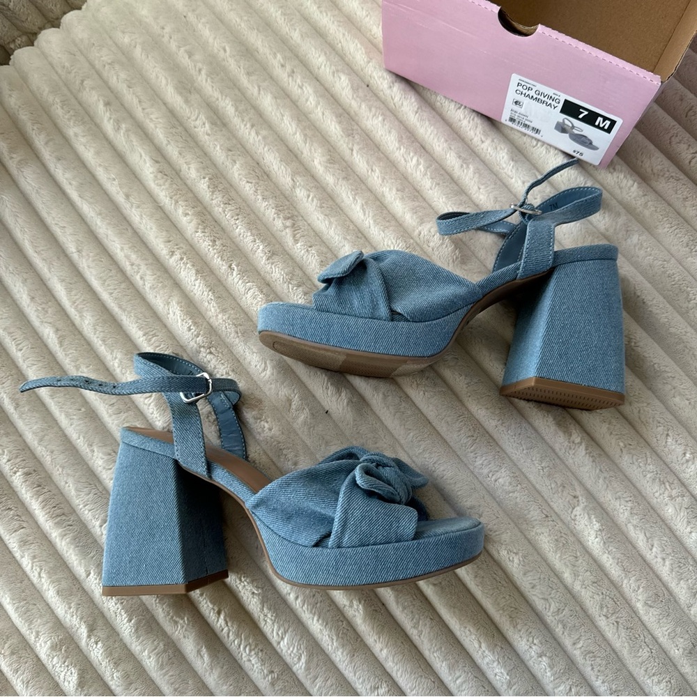 pop Blue Denim Platform Sandals with Ankle Strap